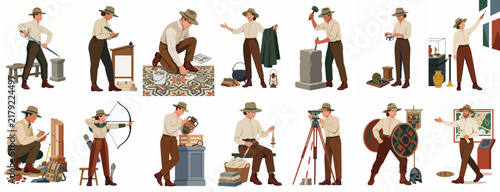 Collection of diverse male and female archaeologists engaged in various activities like field research, excavation, cleaning, and documenting ancient artifacts in flat illustration style.