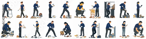 Archaeological experts and conservators in uniform working with historical artifacts, bones, and research equipment, isolated on a white background.
