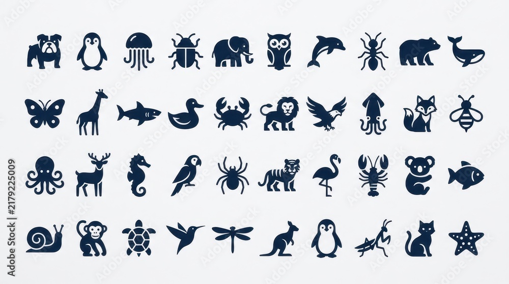 Obraz premium Comprehensive Collection of 40 Minimalist Animal Vector Icons for Graphic Design and Web Projects