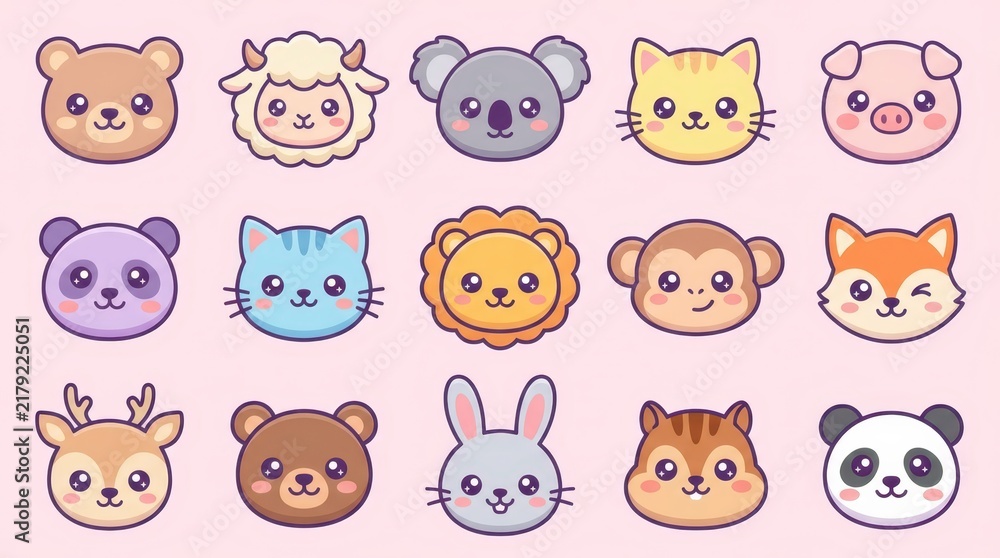 Fototapeta premium Set of Cute Kawaii Animal Face Icons Vector Illustration for Kids Design, Stickers, and Patterns