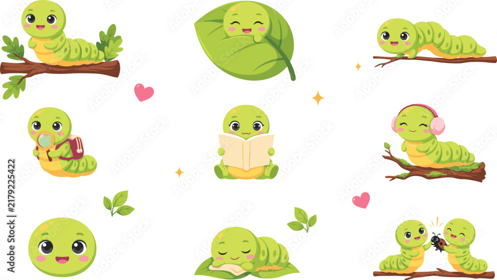 Obraz premium Cute Cartoon Caterpillar Vector Character Set Featuring Little Green Worm Reading Sleeping and Crawling on Leaves for Nursery and Kids Education Designs