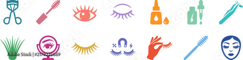 A comprehensive eyelashes collection vector illustration icon set featuring various beauty tools and eye makeup styles for professional design projects