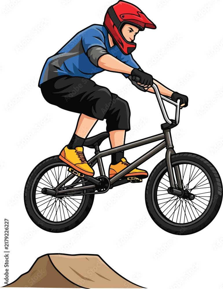 Obraz premium A stylized illustration of a BMX rider performing a jump on a dirt ramp.