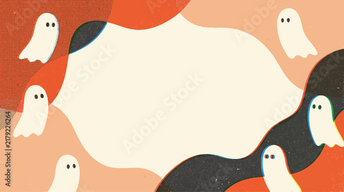 Cute Minimalist Halloween Background with Tiny Friendly Ghosts and Abstract Organic Shapes for Festive Greeting Cards