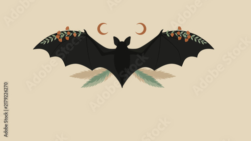 Mystical Boho Flying Bat Silhouette with Floral Wings Crescent Moon and Foliage Decoration Vector Illustration