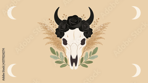 Mystical Bull Skull Adorned with Dark Roses and Dried Botanicals, Framed by Celestial Crescents, Evoking Boho Esoteric Charm and Enigma