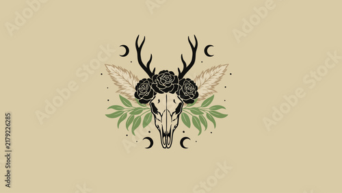 Ornate Deer Skull Illustration Featuring Floral Elements and Celestial Symbols in a Bohemian Artistic Style