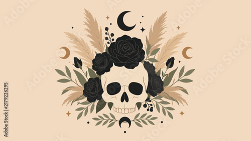 Mystical Gothic Illustration of a Human Skull Surrounded by Black Roses and Celestial Moon Elements in Boho Style