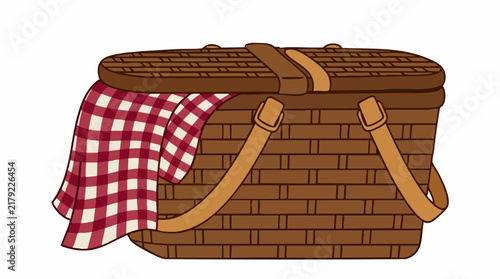 Konstfotografi Cartoon illustration of a traditional wicker picnic basket with a red checkered