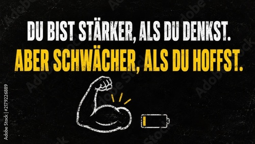 Motivational quote with flexing arm and low battery icon