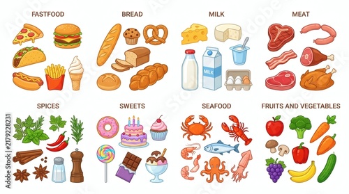 Colorful food icons set showcasing fast food, snacks, drinks, and grocery essentials for branding and design.