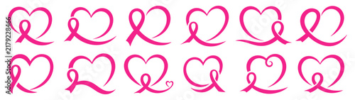 Pink ribbon breast cancer awareness heart icons set for health campaign vector illustration