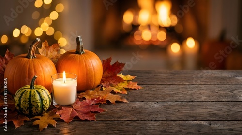 Cozy autumn background with pumpkins candles and colorful fall leaves on a rustic wooden table at home