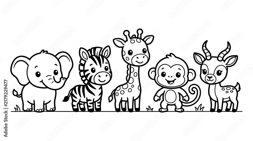 Obraz premium Cute Safari Animals Coloring Page for Kids Featuring Elephant Zebra Giraffe Monkey and Gazelle Line Art Illustration