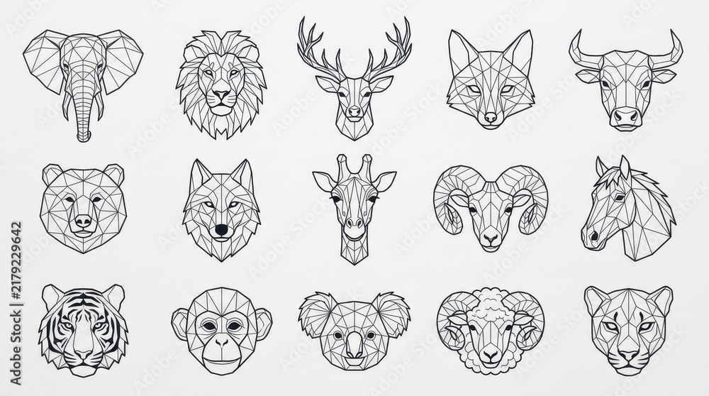 Fototapeta premium Set of 15 Geometric Animal Head Illustrations Featuring Lion, Tiger, Wolf, Elephant, and More in Minimalist Polygonal Style