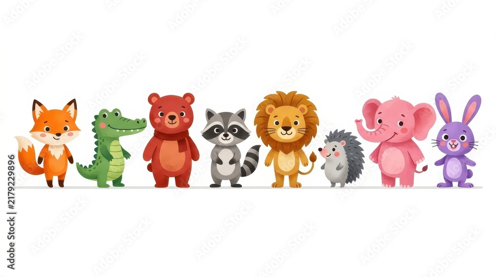 Obraz premium Cute Cartoon Animals Collection Set with Fox Crocodile Bear Raccoon Lion Hedgehog Elephant and Rabbit for Kids Design