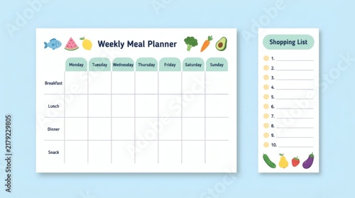 Colorful weekly meal planner and grocery shopping list template for home organization.