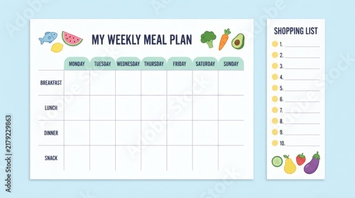 Colorful weekly meal planner and grocery shopping list template for healthy eating.