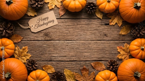 Autumn background with pumpkins and pine cones on a rustic wooden table with copy space