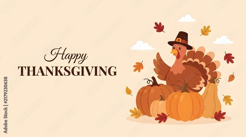Naklejka premium Happy thanksgiving greeting card design featuring a cute cartoon turkey with pumpkins and autumn leaves