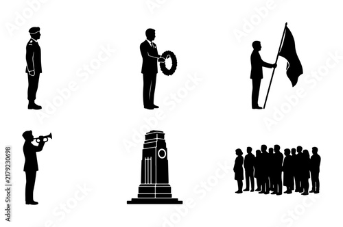 Obraz na plátně Remembrance Day Icons, Memorial Service Silhouettes, Military Ceremony Vector Se