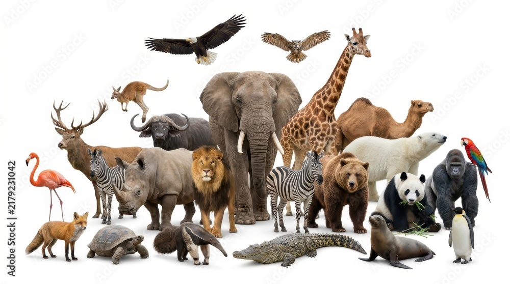 Fototapeta premium Large Collection of Wild Animals Isolated on White Background - Elephant, Lion, Giraffe, Panda, and More Wildlife Species