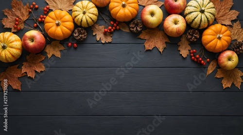 Autumn harvest border with pumpkins and apples on a rustic dark wooden background with copy space
