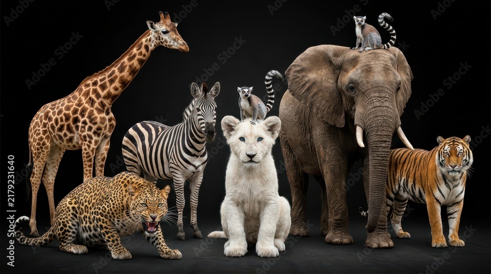 Fototapeta premium Diverse Group of Wild Animals Including Lion, Elephant, Giraffe, and Tiger on Black Background