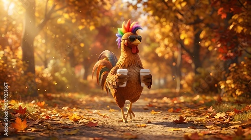 A colorful rooster walking along a sunlit path in a beautiful autumn forest with golden leaves
