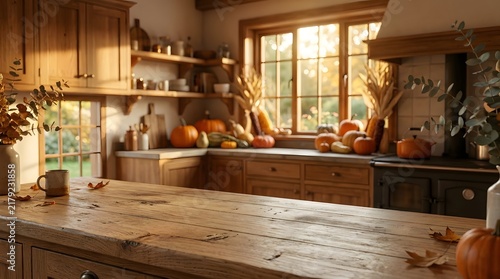 Cozy rustic farmhouse kitchen interior with warm golden sunlight streaming through the window during autumn season