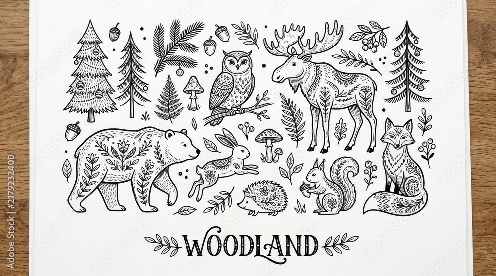 Obraz premium Hand-Drawn Woodland Animals and Forest Elements Illustration Set in Folk Art Style with Bear, Moose, Fox, and Owl.