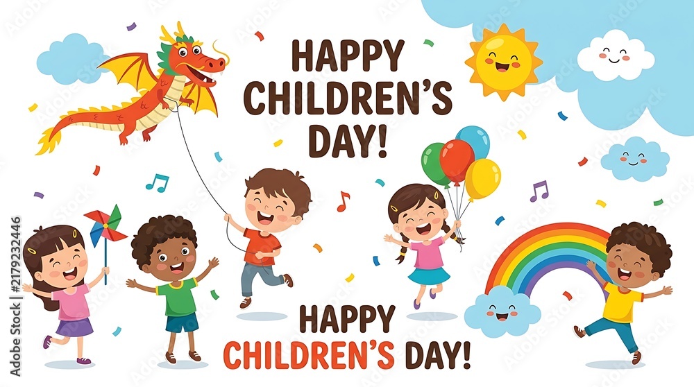 Fototapeta premium Happy childrens day greeting card design with kids playing with balloons and kite children balloons greeting