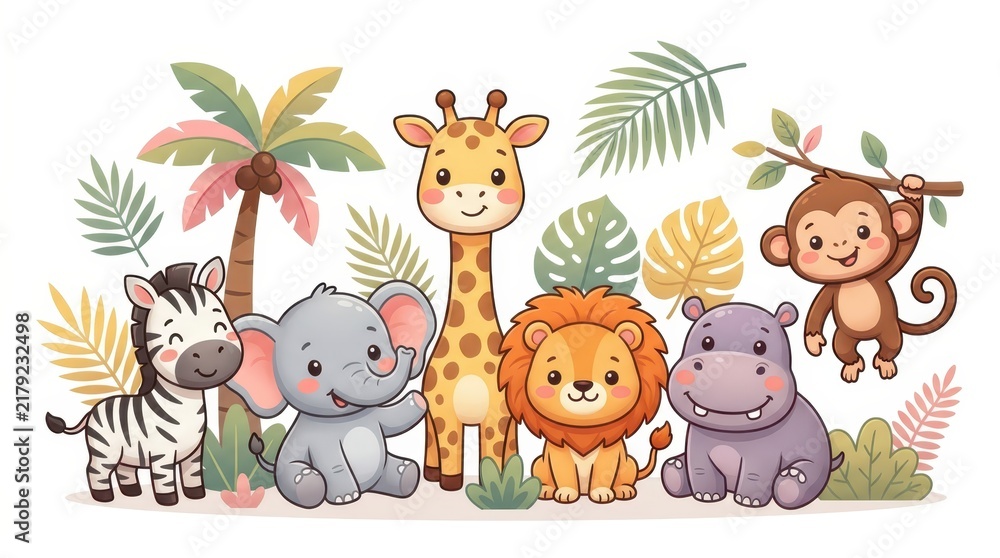 Obraz premium Cute Baby Safari Animals Illustration with Giraffe, Lion, Elephant, Zebra, Hippo and Monkey in Tropical Jungle Setting