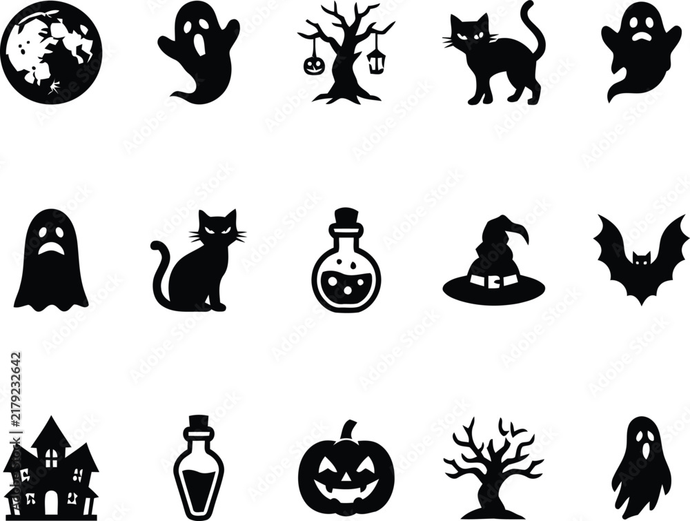 Fototapeta premium Halloween Icons Set with Pumpkin, Bat, Cat, Ghost, Witch Hat, Spider and Skull Vector Symbols for Spooky Autumn Holiday Celebration and Scary Cartoon Design