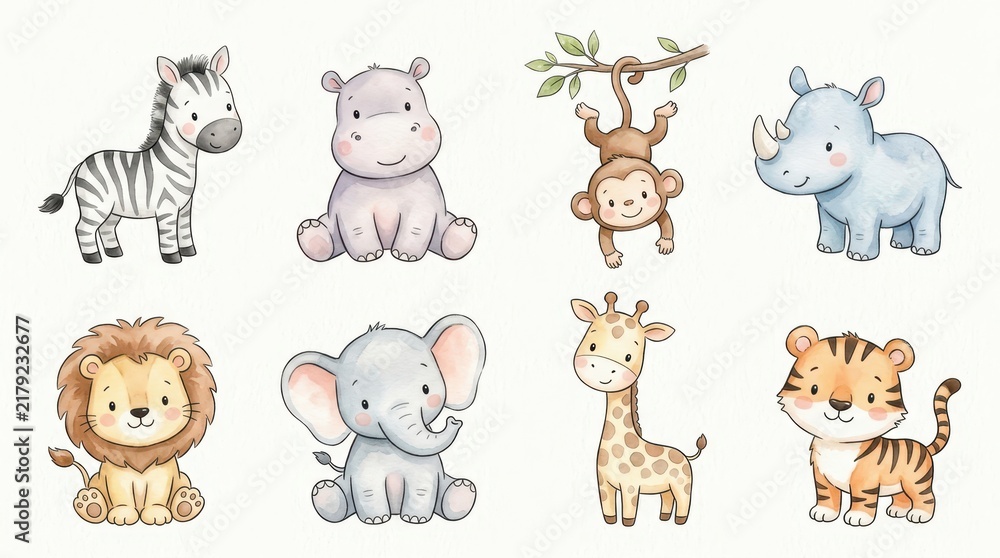 Obraz premium Cute Watercolor Safari Animals Set with Lion, Elephant, Giraffe, Zebra, Tiger, Hippo, Rhino, and Monkey for Nursery Decor