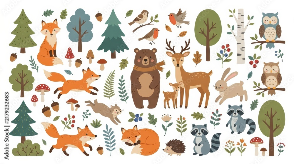 Obraz premium Cute Woodland Animals and Forest Elements Illustration Set with Foxes, Bear, Deer, and Raccoon for Nursery Decor