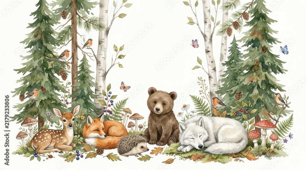 Obraz premium Watercolor Forest Animals Illustration with Bear, Fox, Deer, Wolf, and Hedgehog in Woodland Setting