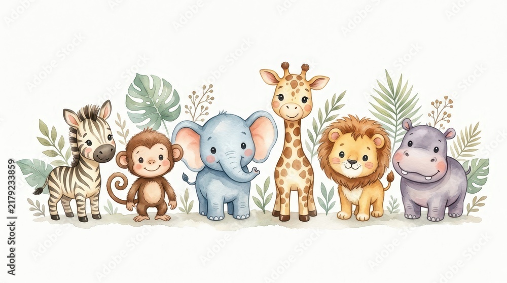 Fototapeta premium Cute Watercolor Safari Animals Border with Zebra Monkey Elephant Giraffe Lion and Hippo for Nursery Decor
