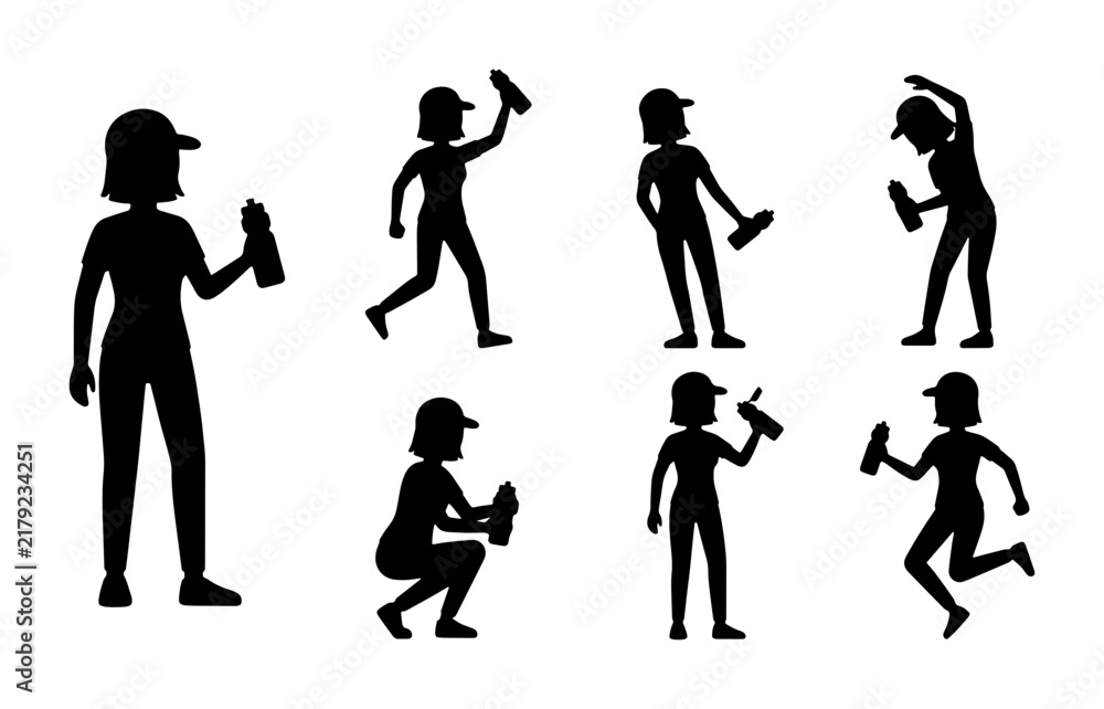Obraz premium Graffiti Artist Silhouettes, Urban Art Spray Paint Figures, Creative Expression Vector Set, Dynamic Poses for Street Art Design
