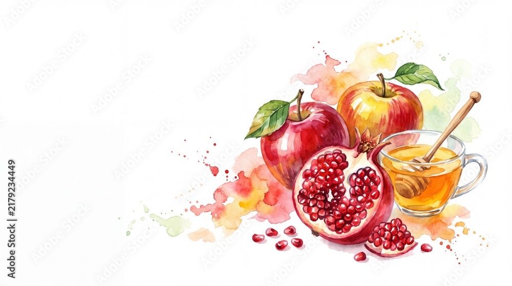 Obraz premium Watercolor illustration of apples, pomegranate, and honey jar with wooden dipper, symbolizing Rosh Hashanah and the Jewish New Year celebration