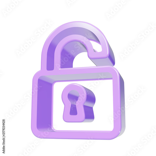 3D Purple Unlocked Padlock Icon Glossy Minimalist Graphic for Digital Privacy and Website Security