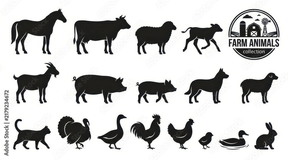 Fototapeta premium Farm Animals Silhouette Collection with Horse Cow Pig Sheep Goat Chicken and More Livestock Vector Icons