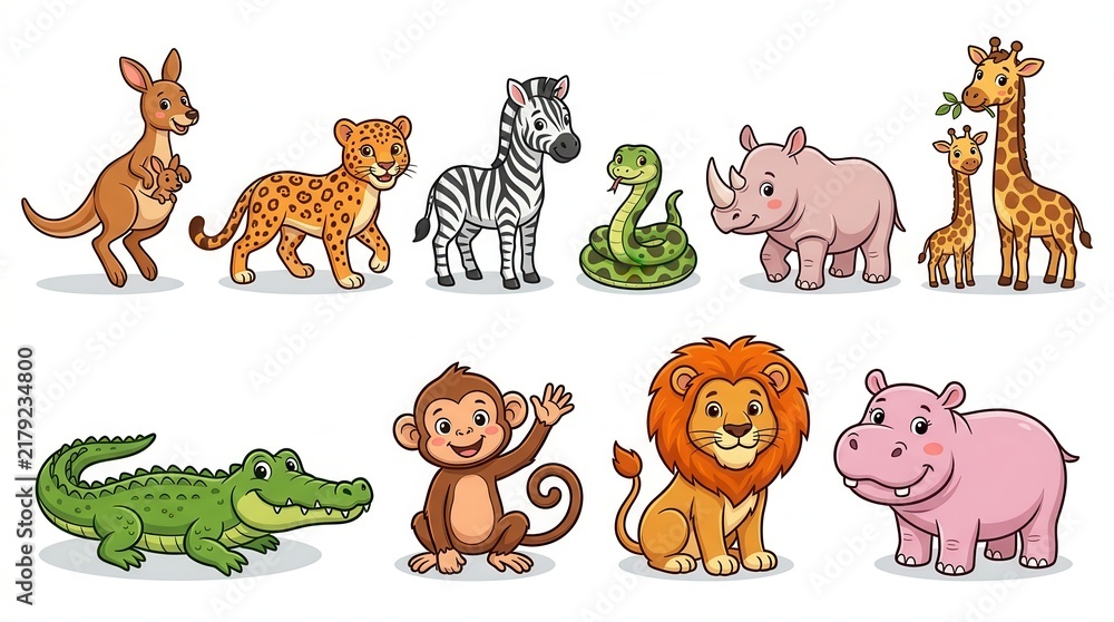 Obraz premium Cute Cartoon Wild Animal Collection Set featuring Lion, Giraffe, Zebra, Monkey, and More Isolated on White Background