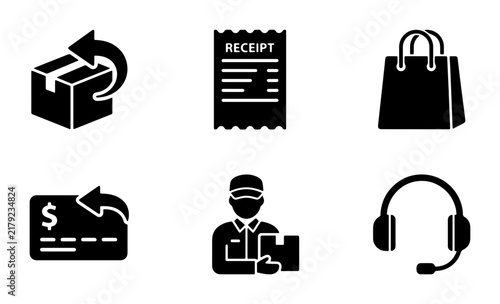 E-commerce Icons: Delivery Box, Receipt, Shopping Bag, Payment, Courier, Support Headset, Vector Set