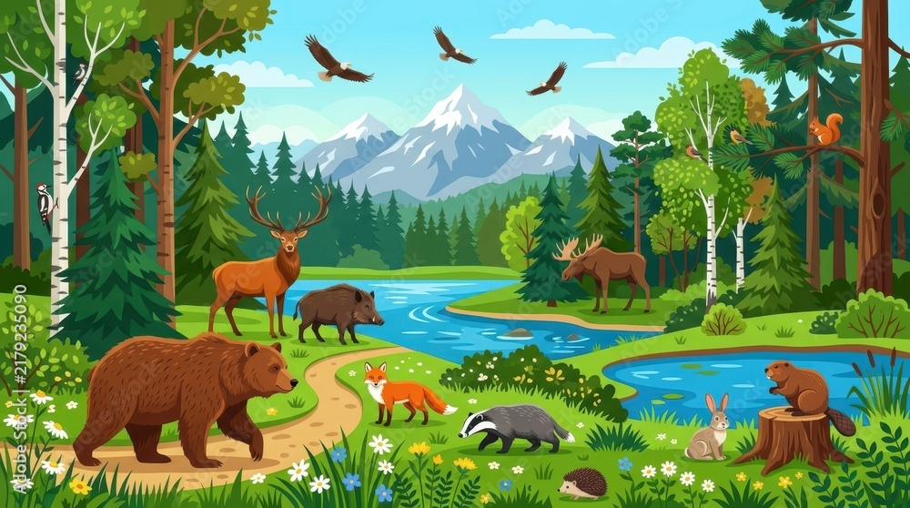 Obraz premium Vibrant Forest Wildlife Illustration with Bear, Deer, Fox, and Moose in a Scenic Mountain Landscape with River