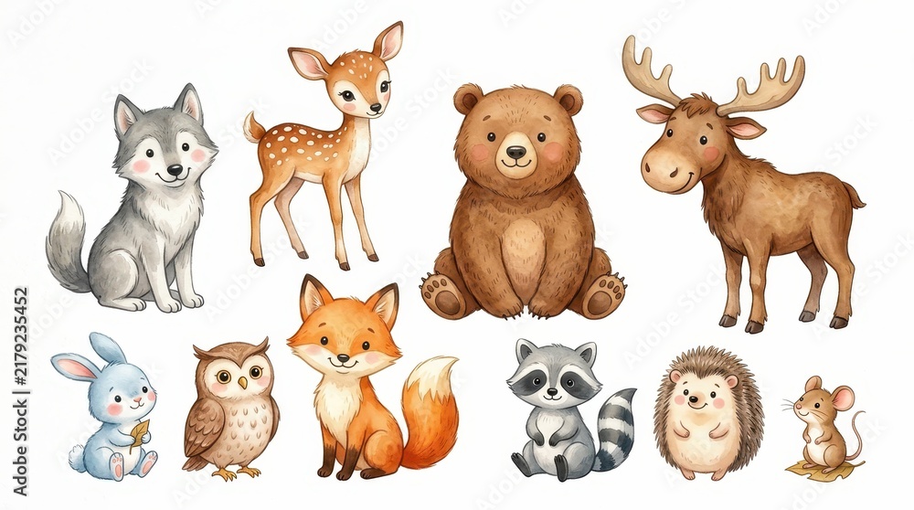 Fototapeta premium Cute Watercolor Woodland Animals Set with Bear, Fox, Deer, Owl, and Raccoon Isolated on White Background for Nursery Decor