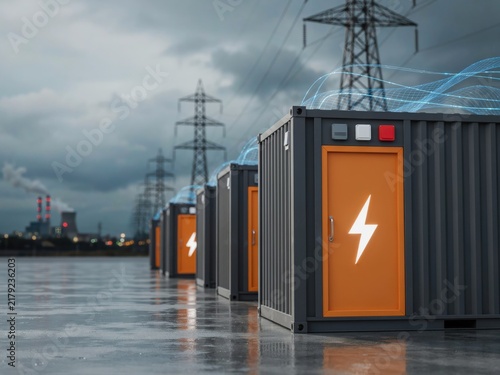 Row of industrial battery storage containers with lightning bolt symbols