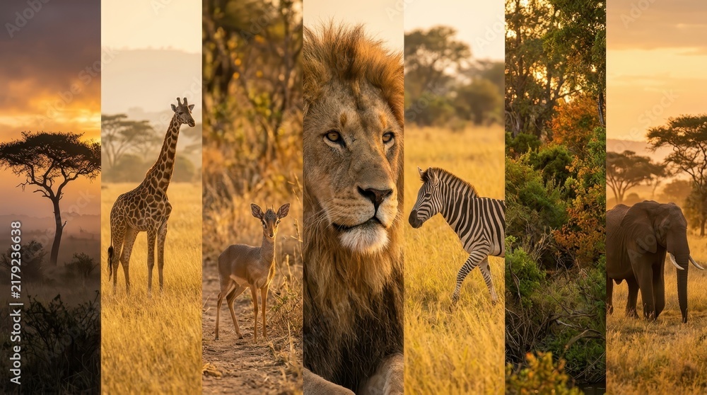 Fototapeta premium African Wildlife Safari Collage Featuring Lion Giraffe Elephant Zebra and Savanna Landscape at Sunset