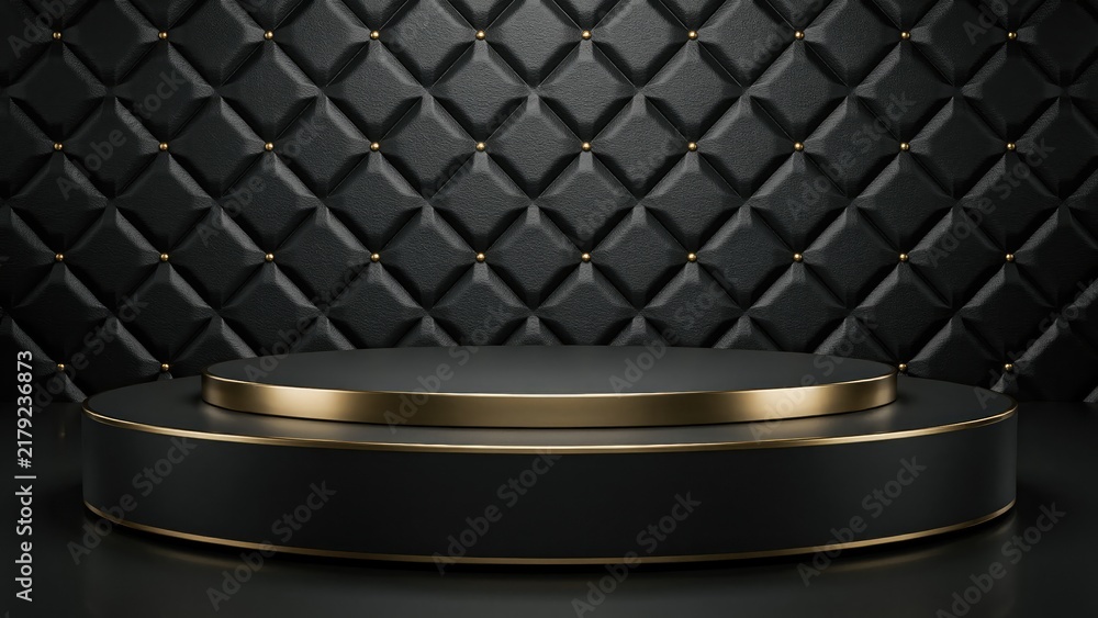 Obraz premium Black and gold circular pedestal against quilted leather wall