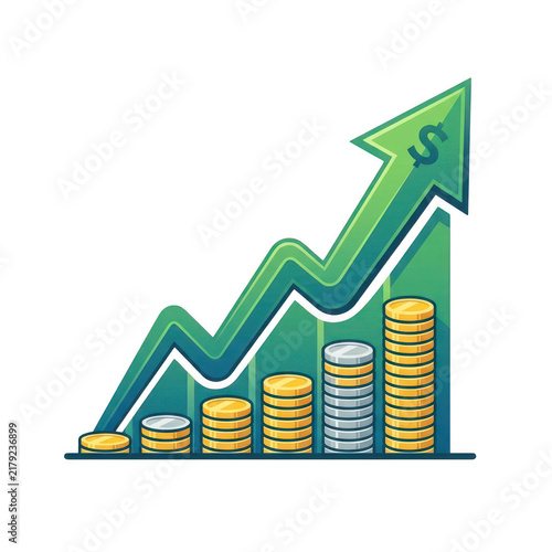 Rising financial graph with coin stacks isolated on transparent background